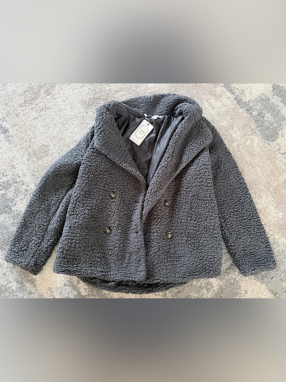 Coeur de Vague Charcoal Gray Teddy Coat, Double Breasted Sherpa Jacket, Peacoat